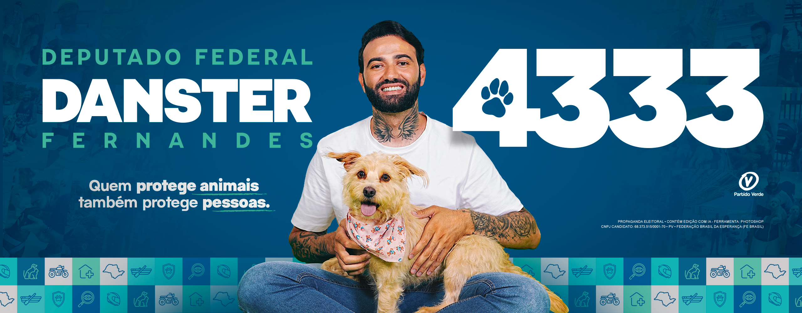 Deputado Federal Danster Fernandes 4333, ao lado de um cachorro resgatado — Quem protege animais também protege pessoas